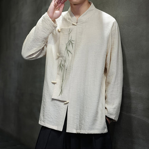 Buddha Stones Fall Solid Color Bamboo Leaf Embroidery Men's Long Sleeve Cotton Linen Shirt - image 12