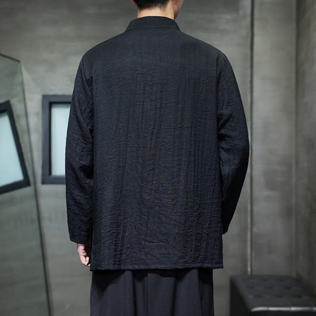 Buddha Stones Fall Solid Color Bamboo Leaf Embroidery Men's Long Sleeve Cotton Linen Shirt - image 19