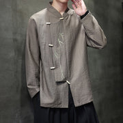 Buddha Stones Fall Solid Color Bamboo Leaf Embroidery Men's Long Sleeve Cotton Linen Shirt - image 6