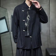 Buddha Stones Fall Solid Color Bamboo Leaf Embroidery Men's Long Sleeve Cotton Linen Shirt - image 18