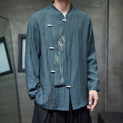 Buddha Stones Fall Solid Color Bamboo Leaf Embroidery Men's Long Sleeve Cotton Linen Shirt - image 27