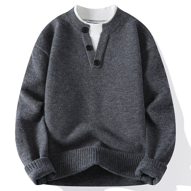 Buddha Stones Winter Buttons Crew Neck Design Warm Men's Long Sleeve Knitted Sweater - Gray - US/UK/AU44，EU54 (4XL) - image 0