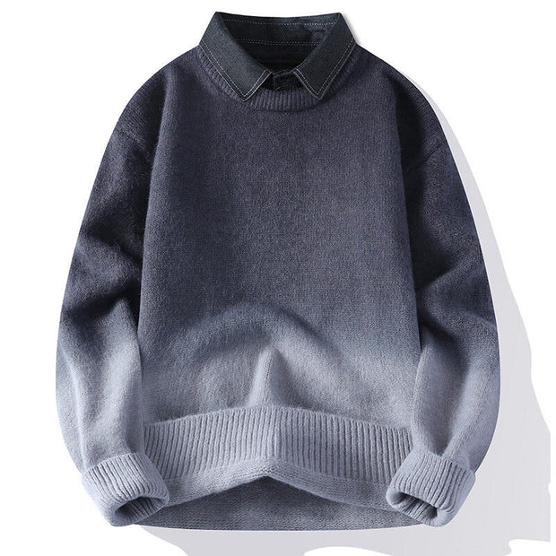 Buddha Stones Winter Stand Collar Gradient Color Design Warm Men's Long Sleeve Knitted Sweater - DarkGray - US/UK/AU44，EU54 (4XL) - image 0