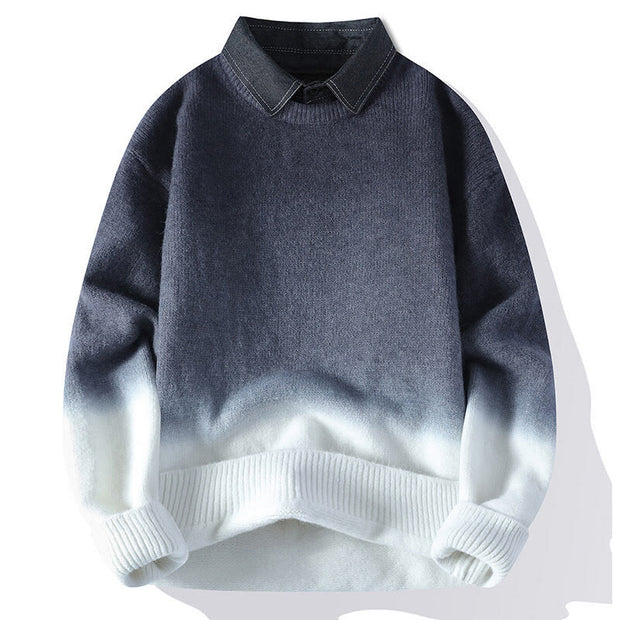 Buddha Stones Winter Stand Collar Gradient Color Design Warm Men's Long Sleeve Knitted Sweater - Gray - US/UK/AU44，EU54 (4XL) - image 1