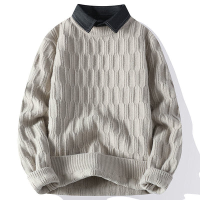 Buddha Stones Winter Black Stand Collar Lines Design Warm Men's Long Sleeve Knitted Sweater - Linen - US/UK/AU44，EU54 (4XL) - image 0