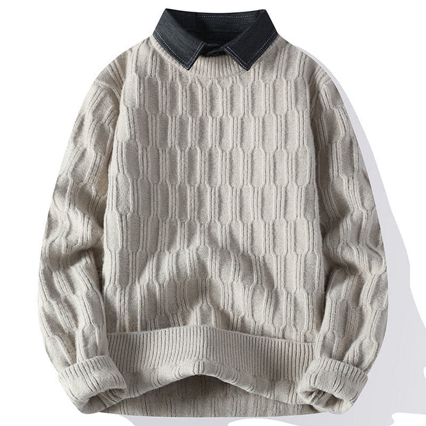 Buddha Stones Winter Black Stand Collar Lines Design Warm Men's Long Sleeve Knitted Sweater - Linen - US/UK/AU44，EU54 (4XL) - image 0