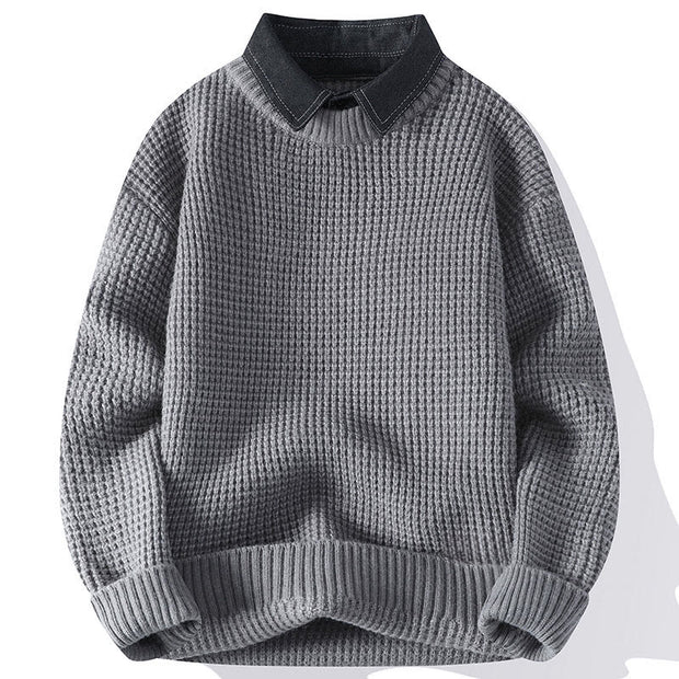 Buddha Stones Winter Black Stand Collar Waffle Pattern Warm Men's Long Sleeve Knitted Sweater - LightGrey - US/UK/AU44，EU54 (4XL) - image 0