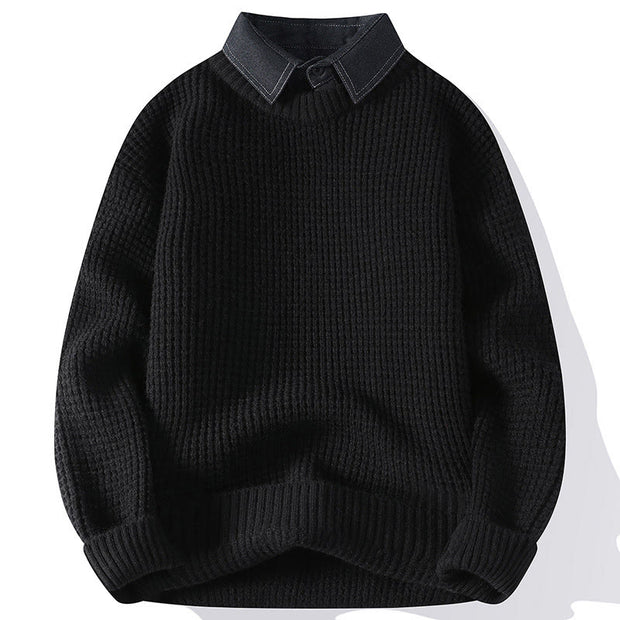 Buddha Stones Winter Black Stand Collar Waffle Pattern Warm Men's Long Sleeve Knitted Sweater - Black - US/UK/AU44，EU54 (4XL) - image 2
