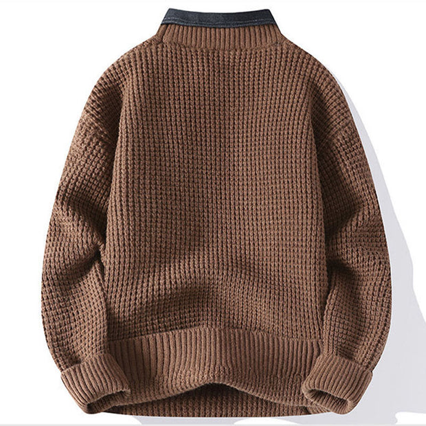 Buddha Stones Winter Black Stand Collar Waffle Pattern Warm Men's Long Sleeve Knitted Sweater - image 4