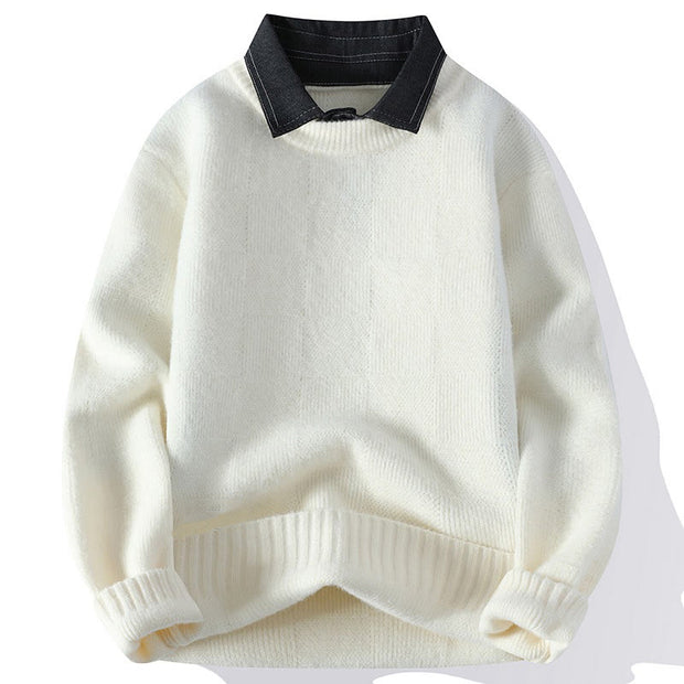 Buddha Stones Winter Black Stand Collar Plaid Pattern Warm Men's Long Sleeve Knitted Sweater - White - US/UK/AU44，EU54 (4XL) - image 4