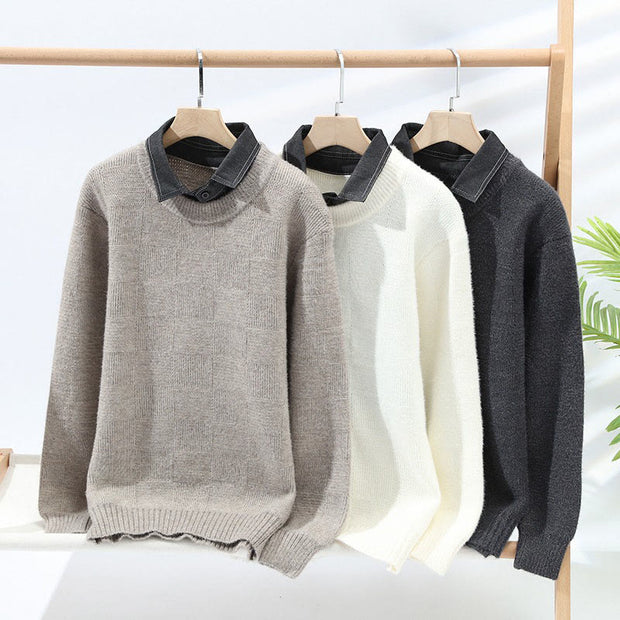 Buddha Stones Winter Black Stand Collar Plaid Pattern Warm Men's Long Sleeve Knitted Sweater - image 6