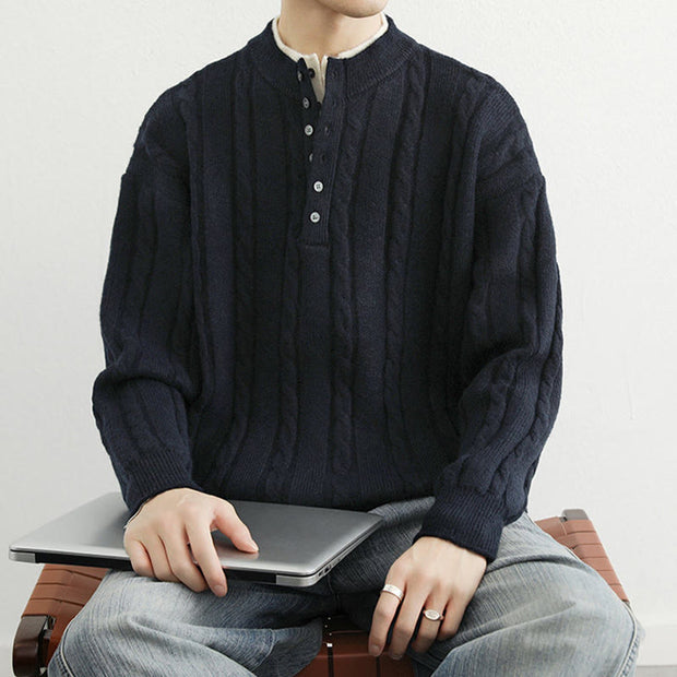 Buddha Stones Winter V-Neck Buttons Twisted Design Warm Men's Long Sleeve Knitted Sweater - image 4