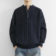 Buddha Stones Winter V-Neck Buttons Twisted Design Warm Men's Long Sleeve Knitted Sweater - MidnightBlue - US/UK/AU44，EU54 (4XL) - image 0