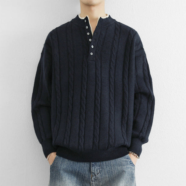 Buddha Stones Winter V-Neck Buttons Twisted Design Warm Men's Long Sleeve Knitted Sweater - MidnightBlue - US/UK/AU44，EU54 (4XL) - image 0