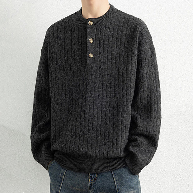 Buddha Stones Winter Crew Neck Three Buttons Twisted Design Warm Men's Long Sleeve Knitted Sweater - image 16