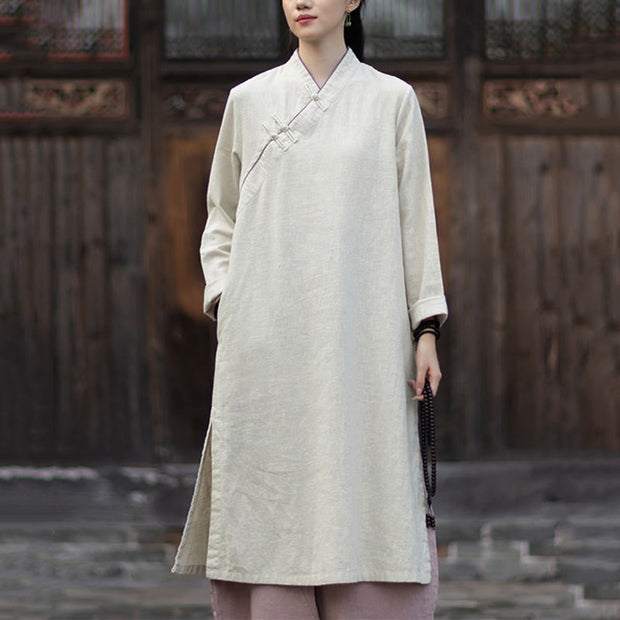 Buddha Stones Solid Frog-Button Long Sleeve Ramie Linen Midi Dress Cheongsam With Pockets - Linen - US4，UK/AU8，EU36 (F) - image 8