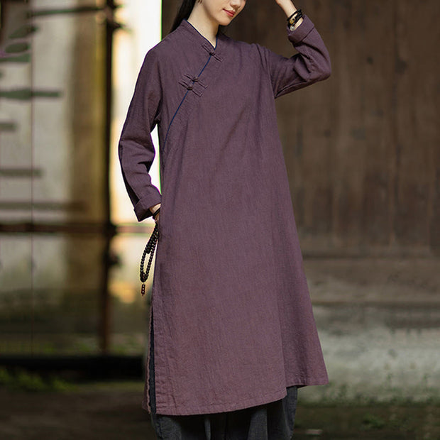 Buddha Stones Solid Frog-Button Long Sleeve Ramie Linen Midi Dress Cheongsam With Pockets - image 16