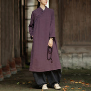 Buddha Stones Solid Frog-Button Long Sleeve Ramie Linen Midi Dress Cheongsam With Pockets - image 19