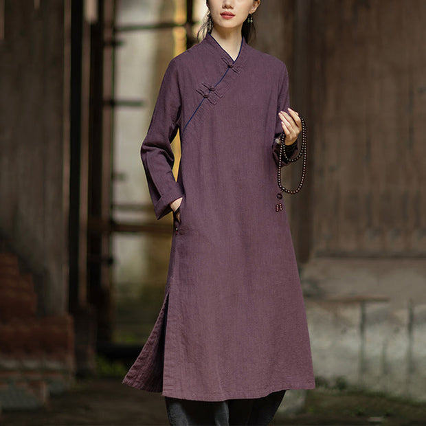 Buddha Stones Solid Frog-Button Long Sleeve Ramie Linen Midi Dress Cheongsam With Pockets - Purple - US4，UK/AU8，EU36 (F) - image 15