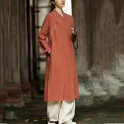 Buddha Stones Solid Frog-Button Long Sleeve Ramie Linen Midi Dress Cheongsam With Pockets - image 2