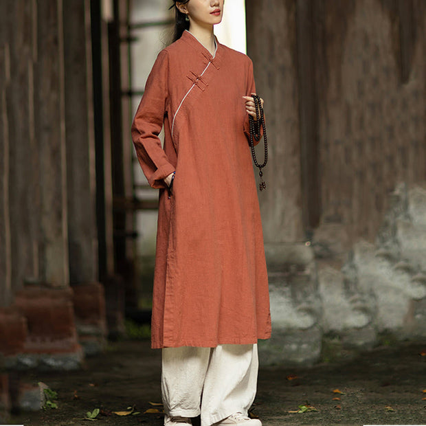 Buddha Stones Solid Frog-Button Long Sleeve Ramie Linen Midi Dress Cheongsam With Pockets - image 2