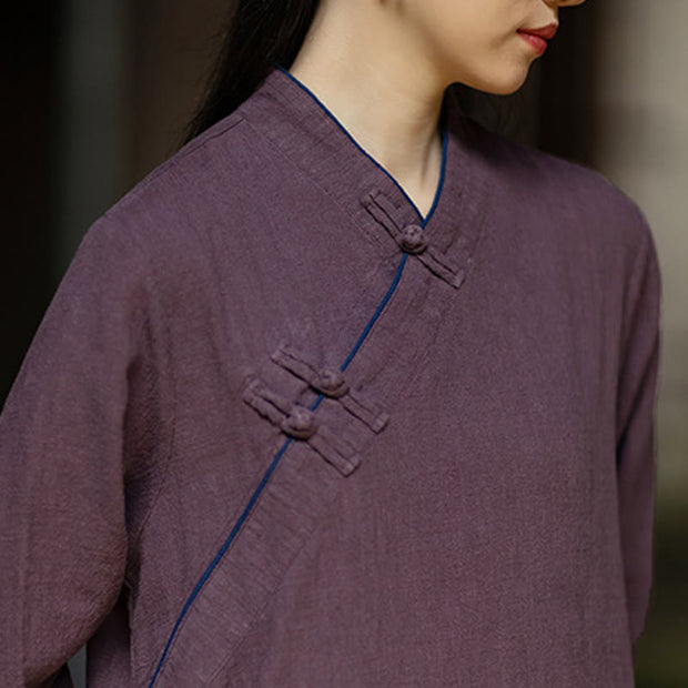 Buddha Stones Solid Frog-Button Long Sleeve Ramie Linen Midi Dress Cheongsam With Pockets - image 21