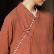 Buddha Stones Solid Frog-Button Long Sleeve Ramie Linen Midi Dress Cheongsam With Pockets - image 6