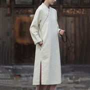 Buddha Stones Solid Frog-Button Long Sleeve Ramie Linen Midi Dress Cheongsam With Pockets - image 12