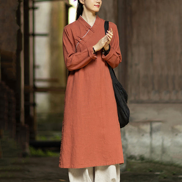 Buddha Stones Solid Frog-Button Long Sleeve Ramie Linen Midi Dress Cheongsam With Pockets - image 3