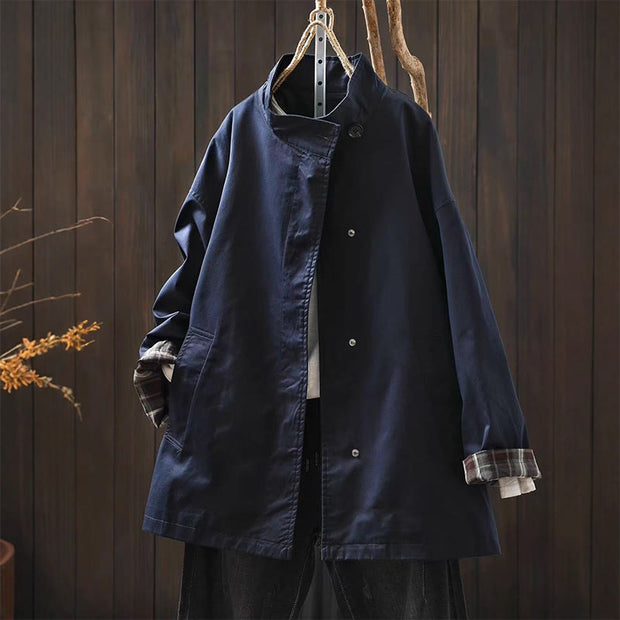 Buddha Stones Fall Buttons Long Sleeve Mid-length Cotton Women's Jacket With Pockets - SteelBlue - US4-6，UK/AU8-10，EU36-38 (F) - image 0