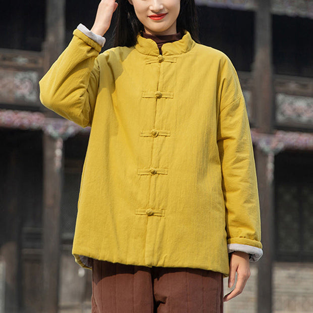 Buddha Stones Winter Solid Frog-Button Long Sleeve Cotton Women's Thermal Jacket With Pockets - image 1