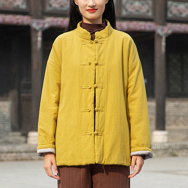 Buddha Stones Winter Solid Frog-Button Long Sleeve Cotton Women's Thermal Jacket With Pockets - image 2