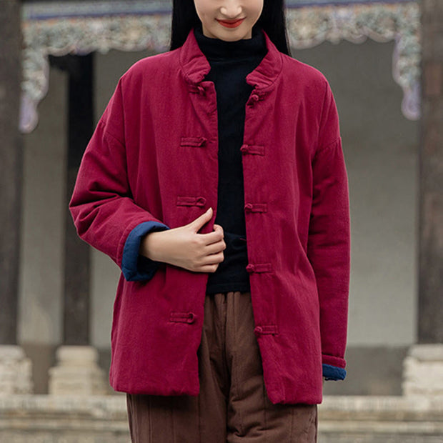 Buddha Stones Winter Solid Frog-Button Long Sleeve Cotton Women's Thermal Jacket With Pockets - FireBrick - US4-6，UK/AU8-10，EU36-38 (F) - image 18