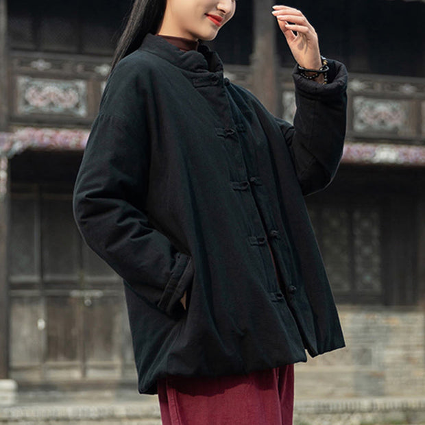 Buddha Stones Winter Solid Frog-Button Long Sleeve Cotton Women's Thermal Jacket With Pockets - image 13