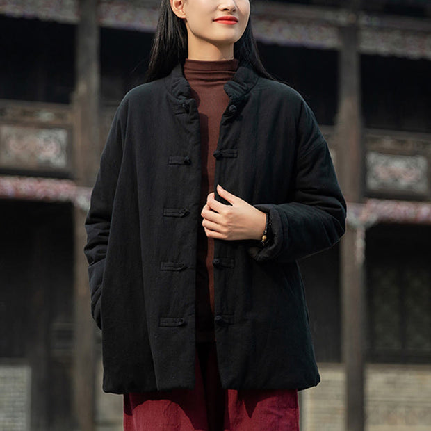 Buddha Stones Winter Solid Frog-Button Long Sleeve Cotton Women's Thermal Jacket With Pockets - image 12