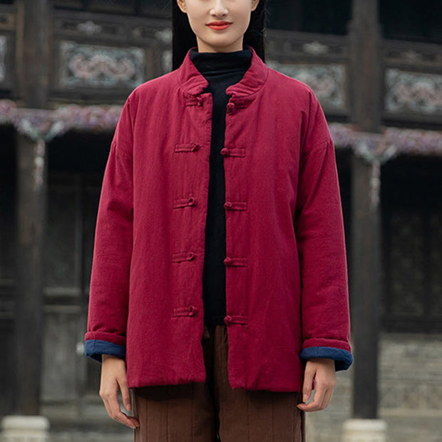 Buddha Stones Winter Solid Frog-Button Long Sleeve Cotton Women's Thermal Jacket With Pockets - image 19