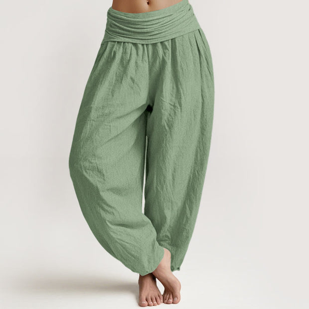 Buddha Stones Cotton Green Solid Color Women's Elastic Waist Harem Pants - MediumAquamarine - US16，UK/AU20，EU48 (3XL) - image 0