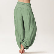 Buddha Stones Cotton Green Solid Color Women's Elastic Waist Harem Pants - image 1