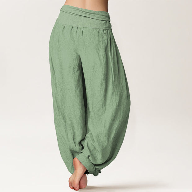 Buddha Stones Cotton Green Solid Color Women's Elastic Waist Harem Pants - image 1
