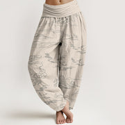 Buddha Stones Cotton Mountain Moon Auspicious Clouds Pattern Women's Elastic Waist Harem Pants - Beige - US22，UK/AU26，EU54 (6XL) - image 7