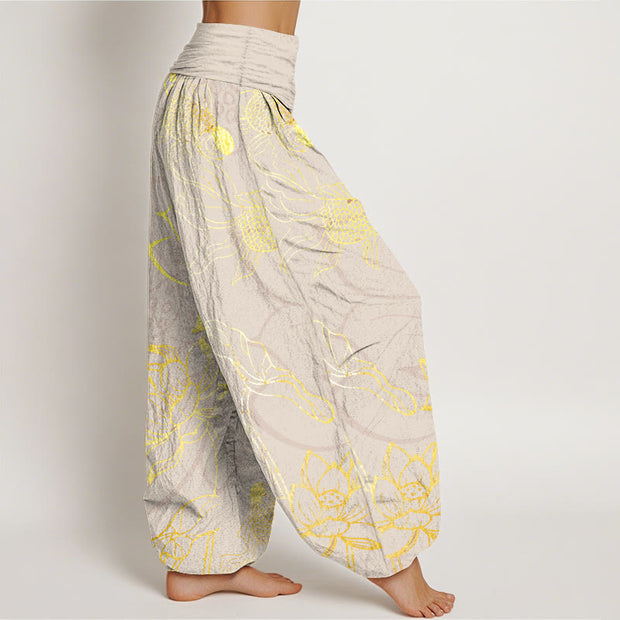 Buddha Stones Pure Cotton Lotus Leaf Koi Fish Women's Elastic Waist Harem Pants - image 10