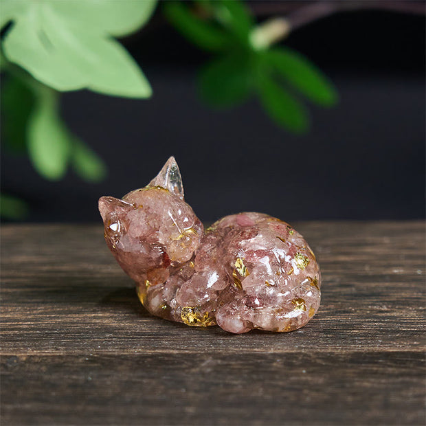 Buddha Stones Crystal Chip Epoxy Resin Small Cat Positive Decoration  - Strawberry Quartz(32*43*53mm) - image 10