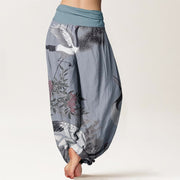 Buddha Stones Cotton Casual Red-crowned Crane Pine Tree Mountain Women's Elastic Waist Harem Pants - image 8