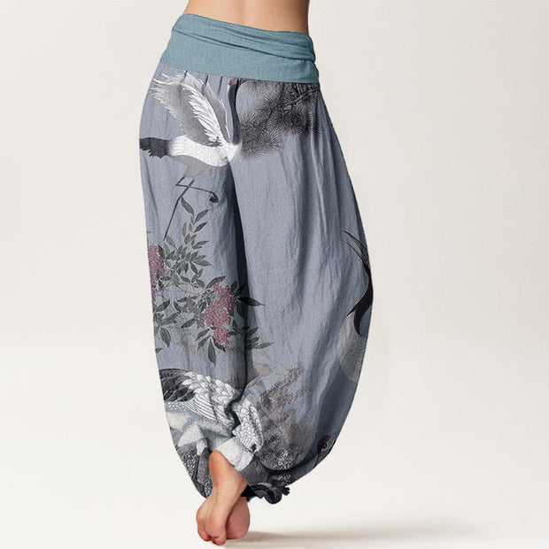 Buddha Stones Cotton Casual Red-crowned Crane Pine Tree Mountain Women's Elastic Waist Harem Pants - image 8