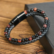 Buddha Stones Black Onyx Tiger Eye Titanium Steel Leather Protection Bracelet - Red Tiger Eye(Wrist Circumference: 18-19cm) - image 0