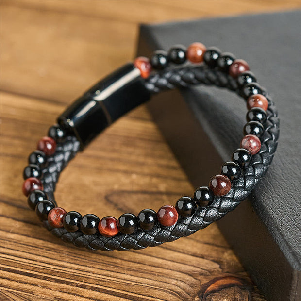 Buddha Stones Black Onyx Tiger Eye Titanium Steel Leather Protection Bracelet - Red Tiger Eye(Wrist Circumference: 18-19cm) - image 0