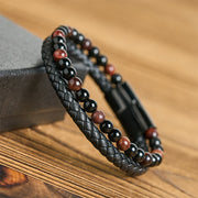 Buddha Stones Black Onyx Tiger Eye Titanium Steel Leather Protection Bracelet - image 2