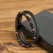 Buddha Stones Black Onyx Tiger Eye Titanium Steel Leather Protection Bracelet - image 3