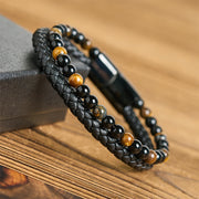 Buddha Stones Black Onyx Tiger Eye Titanium Steel Leather Protection Bracelet - image 11
