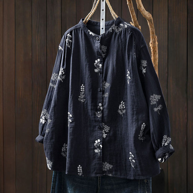 Buddha Stones Floral Embroidery Buttons Down Long Sleeve Women's Cotton Shirt - SteelBlue - US4-6，UK/AU8-10，EU36-38 (F) - image 14